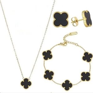 18K Gold Plated Black Alhambra Clover Motifs Set of Bracelet Earrings & Necklace